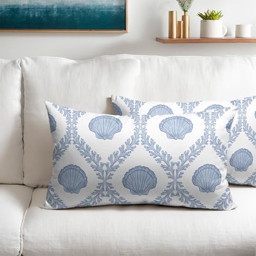 Light Blue Coastal Lumbar Pillow Covers 12x20 Set of 2 Ocean Coral Shell Outdoor Decorative Linen Summer Throw Pillows Cases with Zipper Cushion Cover Rustic Decoration Farmhouse Sofa Couch Bed Decor - Image 2