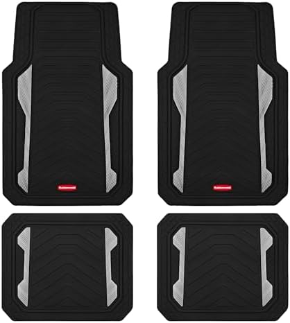 Rubbermaid Car Floor Mat, Heavy Duty All-Weather Car Mats Full Set with Dual-Tone Sliver Aluminum Inserts – Universal Fit, Anti-Slip Backing, Trim-to-Fit for Most SUV, Sedan, Van