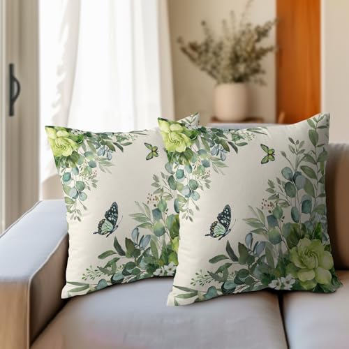 Spring Pillow Covers 24x24 Set of 2 Green Floral Throw Pillow Covers Rustic Pillowcase Linen Decoration Farmhouse Soft Decorative Summer Cushion Case Couch for Indoor Outdoor Home Decor - Image 3