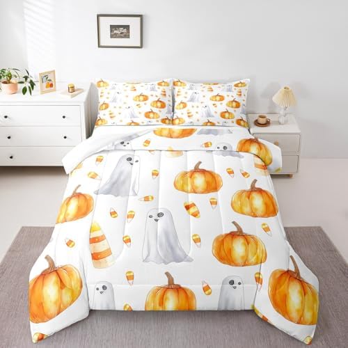 Erosebridal Halloween Pumpkin Comforter Set Boys Kids Cute Ghost Pumpkin Light Bedding Queen 3Pcs, Pumpkin Decor Bedding Comforter Sets for Girls Children Autumn Decorations Comforter for Home by Erosebridal