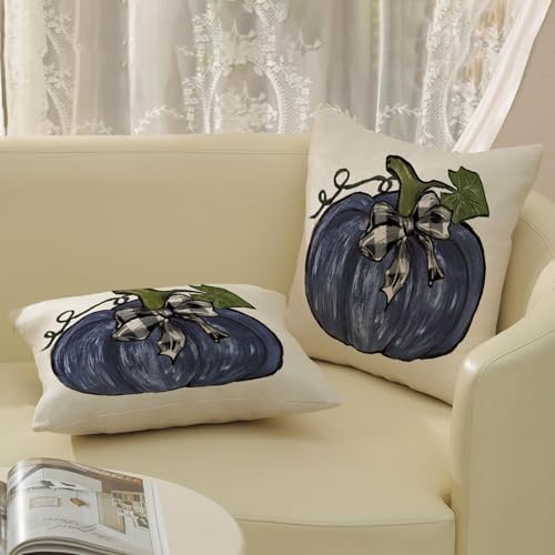 Fall Pillow Covers 18x18 Set of 2 Dark Blue Pumpkin Leaves Fall Decor Pillowcase Autumn Harvest Thanksgiving Decorative Outdoor Throw Pillow Covers Linen Farmhouse Cushion Case for Couch Home - Image 4
