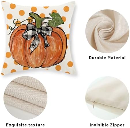 Fall Pillow Covers 18x18 Set of 2 Orange Pumpkin Leaf and Polka Dot Fall Decor Pillowcase Autumn Thanksgiving Decorative Outdoor Throw Pillow Covers Linen Farmhouse Cushion Case for Sofa Home - Image 7
