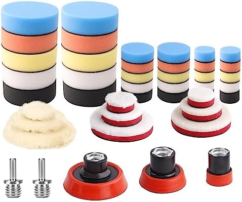 Car Foam Drill Polishing Pad Kit, 44Pcs 1inch 2inch 3inch Detail Polishing Buffing Pad Mix Size Car Detailing Kit with 5/8-11 Thread Backing pad & Adapters for Buffer Polisher Polishing, Buffing by ZFE
