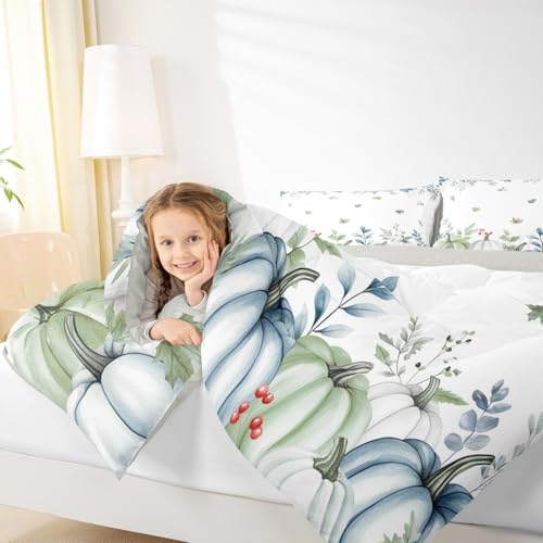 Erosebridal Pumpkins Eucalyptus Leaves Comforter Set for Kids Boys Girls Blue Pumpkins Fall Decor Bedding Autumn Fall Duvet Set Thanksgiving Farmhouse Comforter Twin with 1 Pillowcase - Image 7