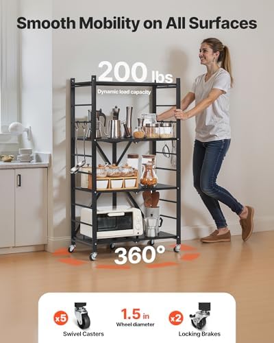VEVOR 4-Tier Foldable Storage Shelf, 26W x 13D x 46H Inch Folding Metal Rack Shelving Unit, No Assembly Organizer Shelf with 5 Wheels & 4 Hooks for Pantry, Kitchen, Garage, Basement, Black - Image 5