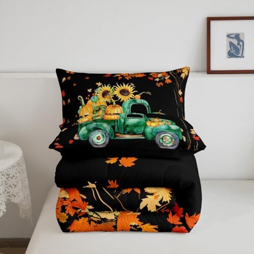Homewish Fall Pumpkin Truck Car Comforter Set Full Size Maple Leaves Tree Bedding Autumn Harvest Rustic Farm Quilt for Kids Girls Boys Room Decor Boho Botanical Duvet,Black 3Pcs,CYJS11386ZMD-BZ_USf - Image 5