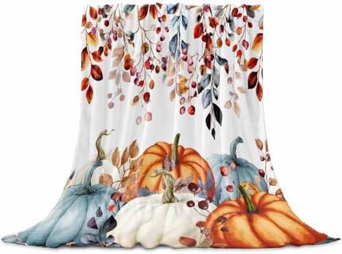 DecorLovee Fall Orange Blue Pumpkins Blanket 50"x60", Reversible Thanksgiving Throw Blanket for Couch/Bed, Vintage Botanical Lightweight Soft Throw Blankets for Women, Warm Fuzzy Blankets for Winter by DecorLovee