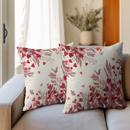 Valentines Day Pillow Covers 18x18 Set of 2 Red Heart Throw Pillow Covers Pink Butterfly Love Pillowcase Linen Decoration Farmhouse Holiday Cozy Soft Cushion Case Couch for Indoor Outdoor Home Decor - Image 3