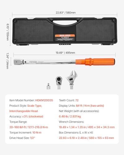 VEVOR Adjustable Torque Wrench 1/2 Inch Drive, 20-160Ft.lb/27.1-216.8Nm, 38MM Open End, 3/8 Inch Drive Torque Wrench with Interchangeable Jaw & Ratchet Head for HVAC, Car, Moto, Narrow Pipeline - Image 7