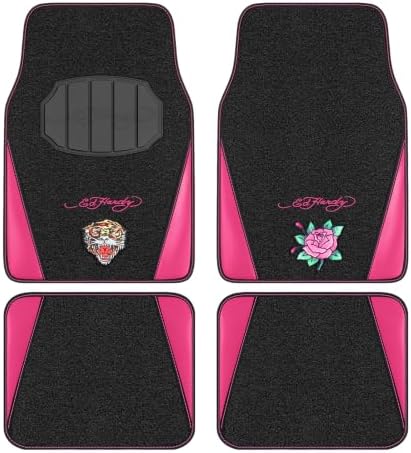 ED HARDY Tiger Print Car Floor Mats, Carpet Floor Mats with Hot Pink Leather Design, Automotive Car Mats with Built-in Heel Pad & Anti-Slip Backing, Fits Most Cars, SUVs & Trucks, Durable & Odorless