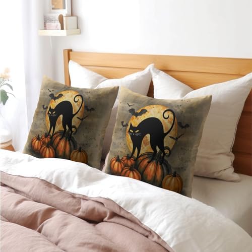 Halloween Throw Pillow Covers 20x20 Set of 2 Black Cat Bats Pillow Covers Pumpkins Full Moon Spooky Pillowcase for Kitchen Sofa Outdoor Cushion Couch Watercolor Bedroom Living Room Decoration - Image 7