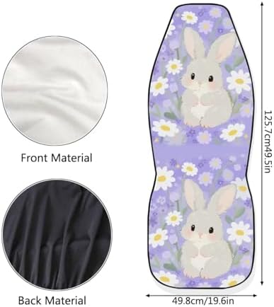 Rabbit Car Seat Covers Universal Accessories 2 Pcs Set, Kawaii Daisy Cartoon Bunny Car Accessories for Auto Trucks Van SUV, Rural Flower Field Auto Interior Protector Set