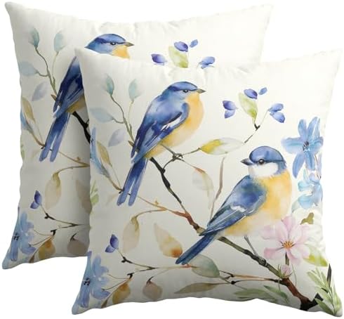 Spring Pillow Covers 18x18 Set of 2 Floral Throw Pillow Covers Rustic Blue Bird Pillowcase Linen Decoration Farmhouse Soft Decorative Summer Cushion Case Couch for Indoor Outdoor Home Decor by Unknown