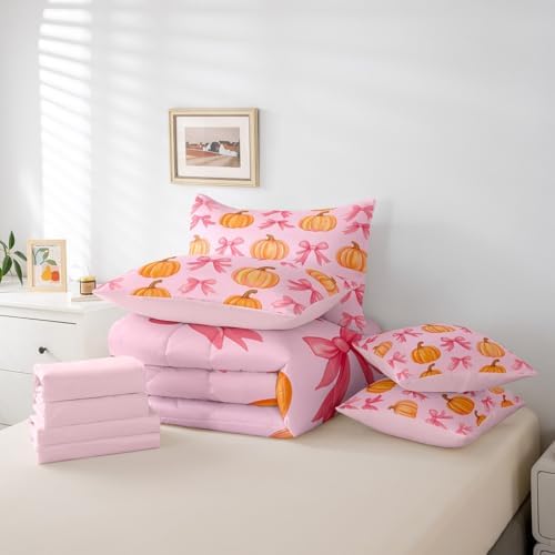 Erosebridal 7 Piece Pumpkin Bed in A Bag Queen Kawaii Pink Bowknot Bedding Set for Kids Girls Teen,Fall Thanksgiving Day Theme Comforter Set Cute Autumn Theme Bed Set with Pillow Covers - Image 6