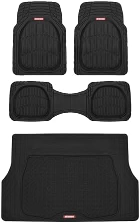 Motor Trend FlexTough 4-Piece Heavy Duty Floor Mats for Cars Trucks SUVs, Automotive Floor Mats Car Mats Full Set Front, Rear & Cargo, Trim-To-Fit Semi-Custom Deep Dish All Weather Rubber Mats - Black