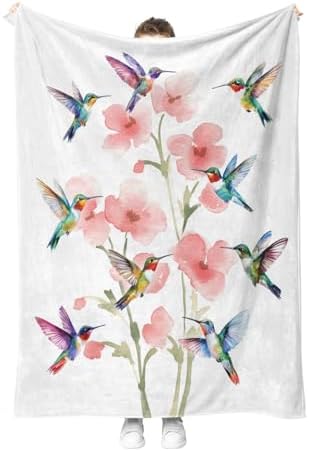 Hummingbird Floral Throw Blanket for Couch Sofa Bed,Pink Flower and Colorful Birds Blanket for Girls Women,Bedroom Decor Present for Birthday Valentines Day 50"x60" by Hohoto