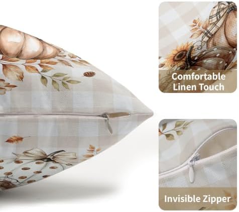 Fall Thanksgiving Pillow Covers 12x20 Set of 2 Autumn Pumpkin Maple Leaves Dot Floral Outdoor Throw Pillows Covers Orange Cream Plaid Bow Decorative Farmhouse Cushion Case for Room Couch Sofa - Image 5
