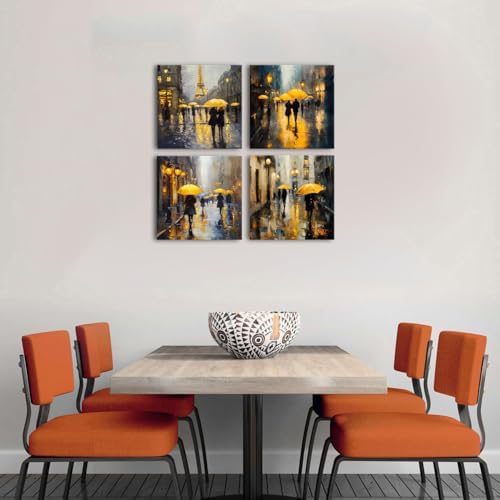 Abstract Wall Art Modern Rain Canvas Prints Decor Girls Umbrella Walking in Street Figure Artwork for Living Room Yellow Dusk Paris Landscape Pictures Couple Bedroom Bathroom Home Decoration 20x20" 4P - Image 6