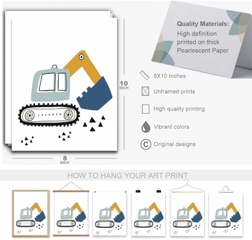 Construction Truck Prints Wall Art Nursery Decor Boys Room Decor Cute Toddler Vehicle Tractor Pictures Paintings Artwork for Home Bedroom Playroom Baby Nursery Wall Decoration (8"x10"，6Pcs, Unframed) - Image 3