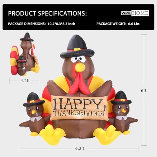 VIVOHOME 6ft Height Happy Thanksgiving Inflatable LED Lighted Turkey Family - Image 4