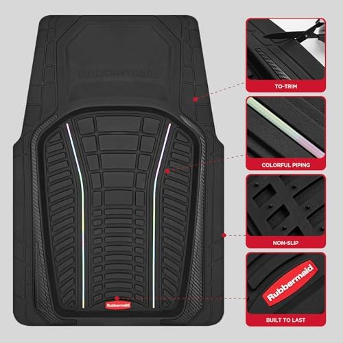 Rubbermaid Car Floor Mats Full Set – Premium All-Weather Car Mat with Brushed Aluminum Inserts, Universal Trim-to-Fit Design, Anti-Slip Backing for Cars, SUVs, Trucks, and Vans