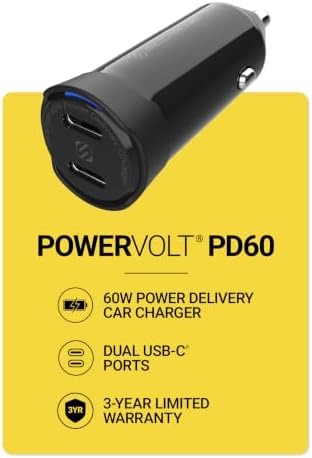 Scosche CPDCC60 PowerVolt 60W Certified Dual USB Type-C + Type-C Fast Car Charger Power Delivery 3.0 with PPS for All USB-C Devices