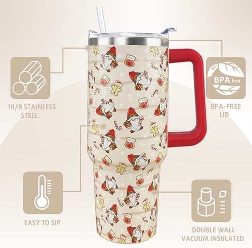 Christmas Tumbler 40 oz Gingerbread Gnomes Cup Winter Coffee Travel Mug Stainless Steel Insulated Cups Joy Holiday Water Bottle Christmas Decor Gifts - Image 6