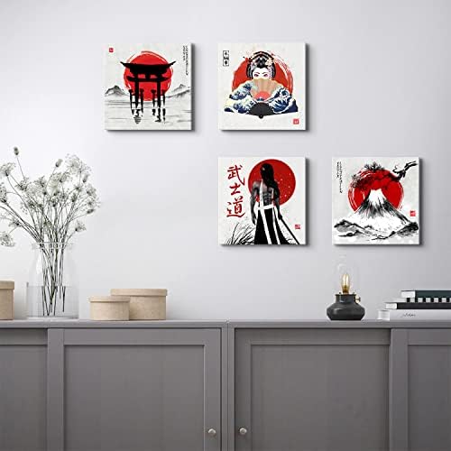 Japanese Wall Art Vintage Anime Posters Asian Samurai Geisha Fuji Mountain Picture Canvas Prints Red Decor for Living Room Bedroom Japan Painting Modern Artwork Bathroom Home Decorations 12x12” 4Pcs - Image 3