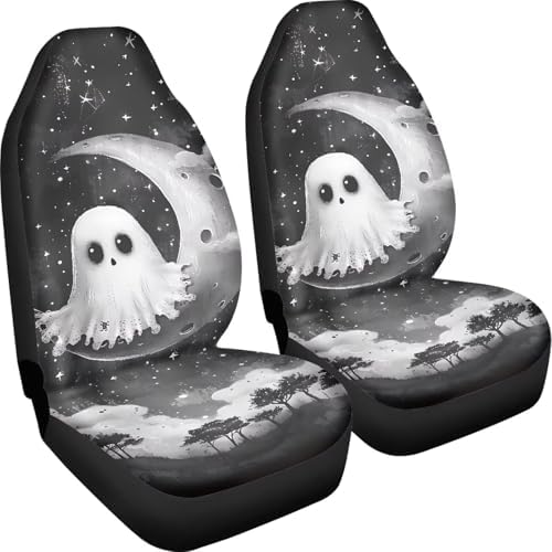 2 Pcs Halloween Ghost Car Seat Covers Set Vehicle Front Seat Protector Auto Interior Accessories Protetors Car Mat Covers Universal fit Most Car SUV Van Truck