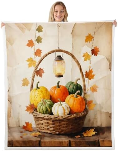 Fall Pumpkin Throw Blanket Harvest Basket Fleece Flannel Blankets Kids Boys Girls Room Decor Maple Leaf Thanksgiving Bed Blankets for Bed Sofa Couch Orange Yellow White Plush Blanket Twin 60"x80" by CastleFairy