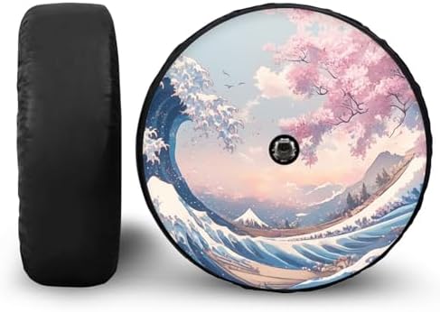 Spare Tire Cover with Camera Hole, Weatherproof Wheel Cover with Ukiyo-e Print Dust-Proof Universal for Jeep Trailer RV SUV Camper Vehicle 17-Inch Fits Tire Diameter 31.6"-32.5"