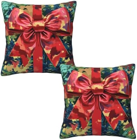 Christmas Bow Art Theme Throw Pillow Covers 18x18 inch Set of 2 Pillow Case Cushion Cover for Home Sofa Couch Living Room Car Decor by Mshutbna