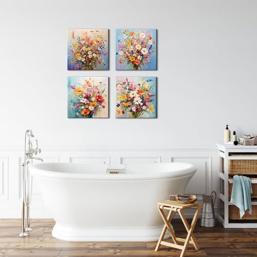 Watercolor Wildflower Wall Art Bedroom Decor Colorful Flower Pictures Canvas Prints Floral Botanical Wall Art Floral Painting Nature Poster Artwork for Living Room Bathroom Home Decoration 16x16”4Pcs - Image 4
