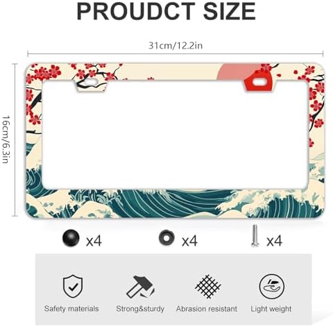Waves Cherry Blossom License Plate Frames - 2 Pcs Set 2 Holes Stainless Steel Metal Auto Car Accessories Decoration License Plate Frame Cover Size 6.3" x 12.2" Fit US Vehicles for Women Men Gift