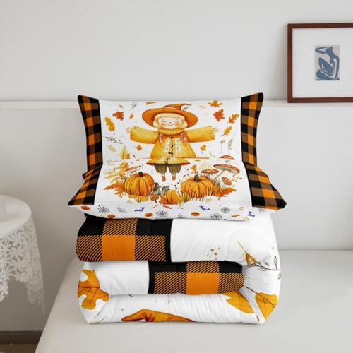 Erosebridal Fall Scarecrow Comforter Set for Kids Boys Girls Autumn Harvest Bedding Thanksgiving Pumpkins Duvet Set Black and Orange Grid Comforter Queen with 2 Pillowcases - Image 6
