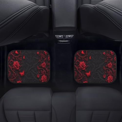 Rose Floral Butterfly Print Car Carpet Floor Mat Gothic Butterflies Rose Flower 4 Piece Universal Fit Heavy Duty Rubber Non-Slip Floor Mats Heel Pad Fit Floor Carpet 2 Row