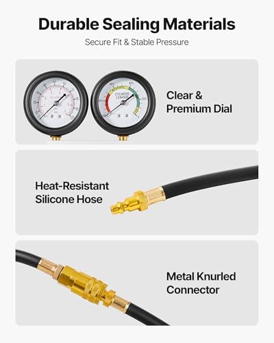 VEVOR Engine Cylinder Compression Tester Kit, Pressure Gauge Range of 0-100 PSI, Automotive Leak Down Tester Kit with 4 Adapters, 2 Metal Tubes, Pressure Check & Leakage Rate Test on Cars, Motorcycles - Image 5