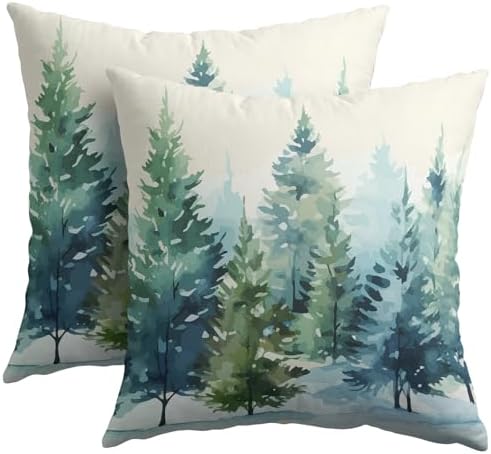 Watercolor Christmas Tree Pillow Covers 18x18 Set of 2 Blue Green Xmas Print Vintage Decorative Outdoor Throw Pillow Cases Rustic Winter Holiday Decoration Farmhouse Sofa Couch Cushion Cover Bed Decor by Trongr