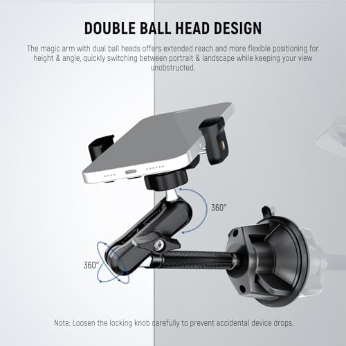 NEEWER Phone Holder for Your Car, 360° Rotating Vacuum Suction Cup Metal Cell Phone Mount Extended Magic Arm Compatible with iPhone Samsung for Windshield Skylight Navigation Video Recording, PA137