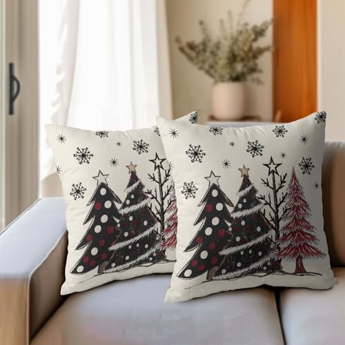 Sweetshow Black Grey Red Xmas Tree Pillow Covers 22x22 Inches Winter Snowflake White Throw Pillow Case Set of 2 Xmas Pillows Cotton Linen Cushion Cover for Home Couch Sofa Livingroom - Image 6