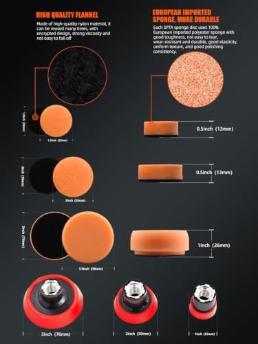 SPTA 29 Pcs Mini Car Polishing Pad Kit - 1", 2", 3" Sponge Foam Wool Microfiber Buffing Pads with 5/8"-11 Backing Plates & 5/8"-11 Drill Adapters for Auto Detailer, Scratch Removal & Tight Spaces - Image 3