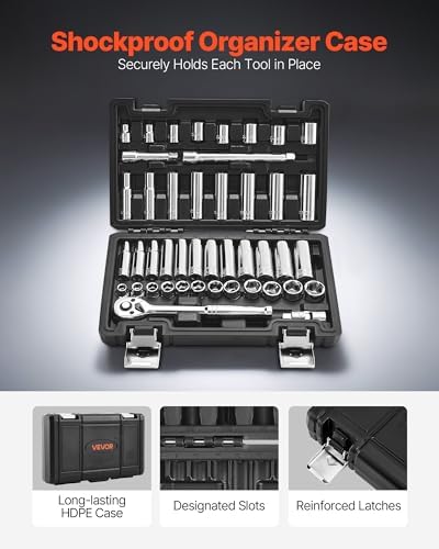 VEVOR Socket Set, 44 Pieces, 3/8 inch Drive Socket and Ratchet Set, SAE and Metric, Deep and Shallow, Mechanic Tool Kit with Accessories and Storage Case, CR-V Alloy Steel, for Automotive Repair - Image 5