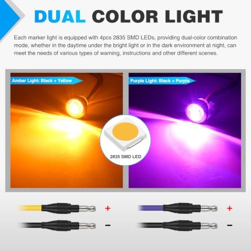 Nilight 3/4 Inch Dual Color Marker Light Amber Turn Purple Clearance Lights