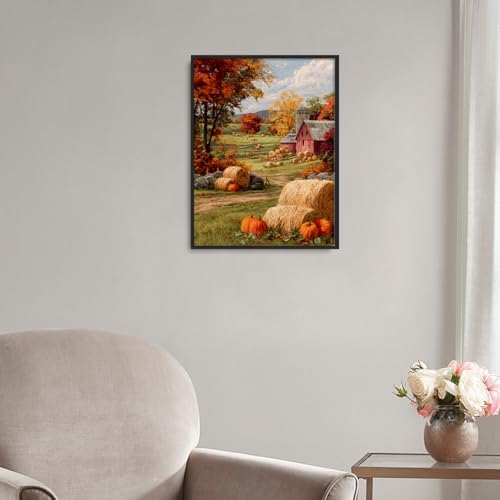 Autumn Farmhouse Wall Art – Rustic Red Barn Landscape with Pumpkins, Fall Harvest Canvas Print for Country Living Room or Seasonal Decor Display 16x20in Black aluminum frame - Image 6