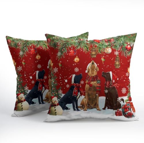 Christmas Red Throw Pillow Covers 24x24 Set of 2 santa hat dog trio snowman - Image 3