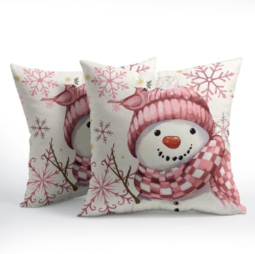 Christmas Pink Throw Pillow Covers 24x24 Set of 2 Winter Snowman Bird - Image 3