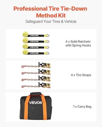 VEVOR Wheel Chock Tie-Down Kit, Tire-Style Tow Dolly Strap, Car Tie Down Kit with Heavy-Duty Hook, Break Strength 10009 lbs & Working Load 3333 lbs Motorcycle System for ATV, SUV, Snowmobiles
