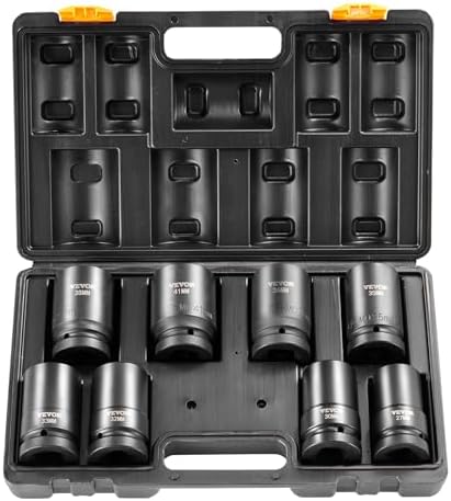 VEVOR 1" Drive Impact Socket Set, 8 Piece Deep Socket Set Metric 27-41mm, 6 Point Cr-Mo Alloy Steel for Auto Repair, Easy-to-Read Size Markings, Rugged Construction, Includes Storage Case by VEVOR