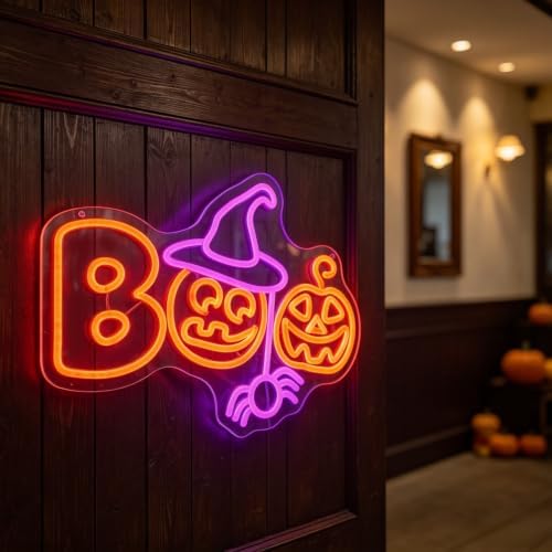 Pumpkin Witch Boo Neon Sign, Happy Halloween LED Light, 16.7"x12" - Image 2