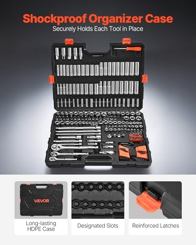 VEVOR Socket Set, 225 Pieces, 3/8 & 1/4 & 1/2 inch Drive Socket and Ratchet Set, SAE and Metric, Deep and Shallow, Mechanic Tool Kit with Bits, Accessories, Storage Case, CR-V Alloy Steel, for Repair - Image 5